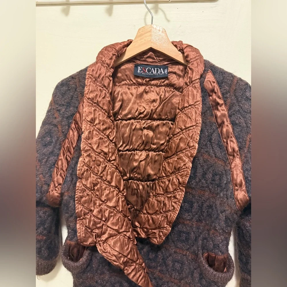 Escada Vintage Brown Knit Mohair Wool Ribbed Hem Cardigan Made In Germany Sz 40